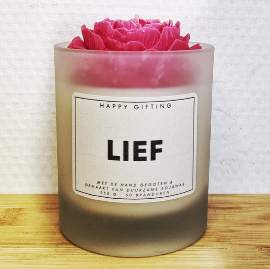 LIEF - Rode roos soja was geurkaars - 250 gram - 50 branduren - Kaars met tekst - Handgemaakt - Keuze uit geur en type kaarsglas
