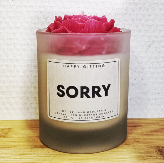SORRY - Rode roos soja was geurkaars - 250 gram - 50 branduren - Kaars met tekst - Handgemaakt - Keuze uit geur en type kaarsglas