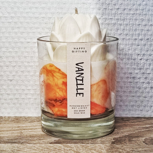 Marmer look lotus bloem soja was geurkaars – Oranje - Vanille geur – 250 gram 50 branduren