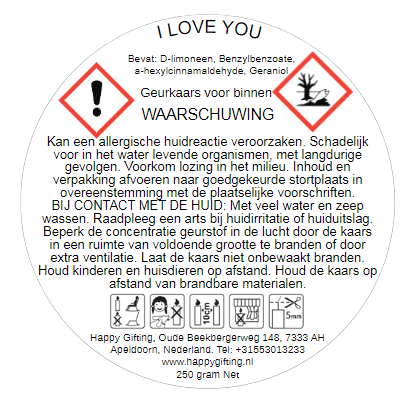 I LOVE YOU - Rode roos soja was geurkaars - 250 gram - 50 branduren - Kaars met tekst - Handgemaakt - Keuze uit geur en type kaarsglas