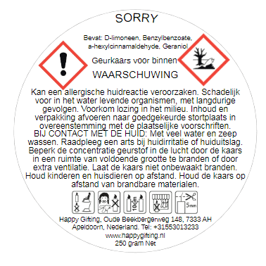 SORRY - Rode roos soja was geurkaars - 250 gram - 50 branduren - Kaars met tekst - Handgemaakt - Keuze uit geur en type kaarsglas